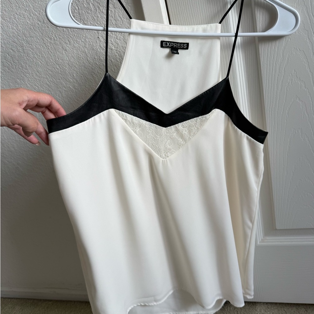 Express Women's Black faux leather and White Lace Trim Top